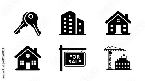Real estate and property icons includes house, apartment, building, key, for sale sign, and construction site perfect for real estate agents and property developers