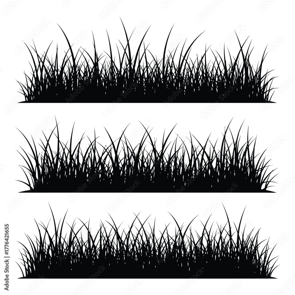 Fototapeta premium Grass silhouette border vector elements collection with three distinct lush green lawn textures. natural ground cover design illustration. spring and summer plant growth on white.