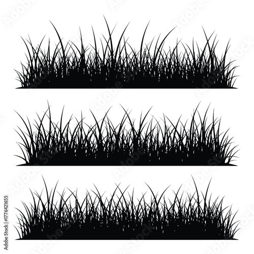 Grass silhouette border vector elements collection with three distinct lush green lawn textures. natural ground cover design illustration. spring and summer plant growth on white.