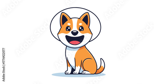 Cute cartoon dog wearing a cone collar sits happily on a white background.