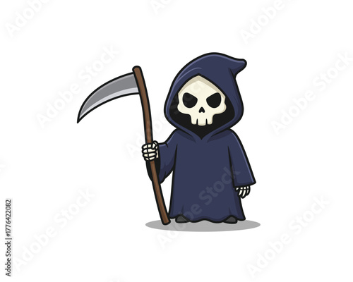 Cute cartoon grim reaper character with a scythe standing against a white background representing death and halloween