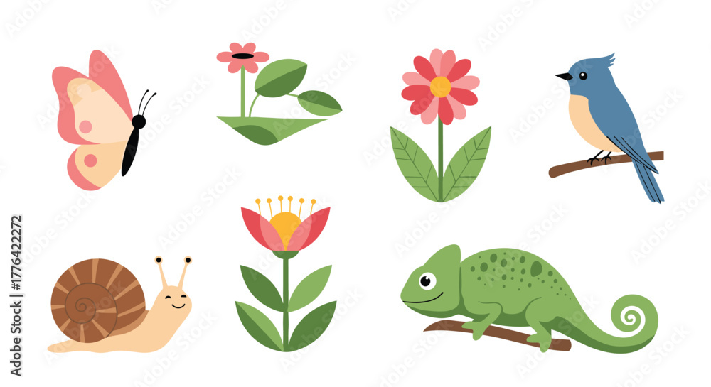 Fototapeta premium Collection of cartoon animals and flowers including a butterfly, snail, chameleon, bird, and various floral designs.
