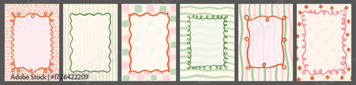 Doodle squiggly vector frames with different patterns in pale green, red and pink colors, Coquette borders for menus, invitations and posters