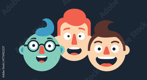 Three diverse cartoon characters smiling joyfully on a dark background.