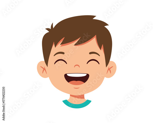 Happy young boy with messy brown hair and a wide open mouth laughing joyfully with eyes closed in delight