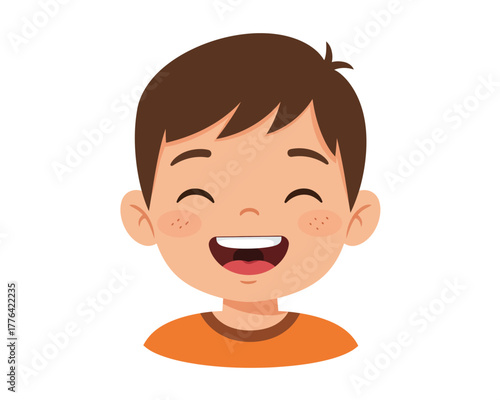 A cheerful young boy with a wide open mouth laughing with joy and happiness his eyes closed in delight
