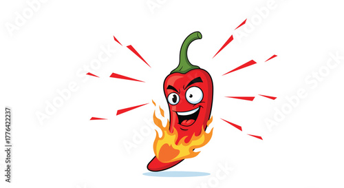 Cartoon chili pepper on fire with a mischievous expression and radiating heat lines.