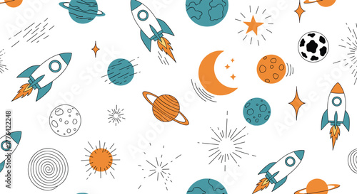 Seamless pattern of cute cartoon space elements including rockets, planets, moons, stars, and comets.