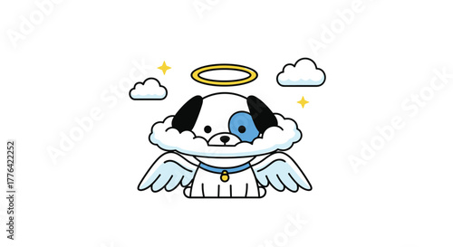 Cute cartoon angel dog with wings and halo surrounded by clouds and stars.