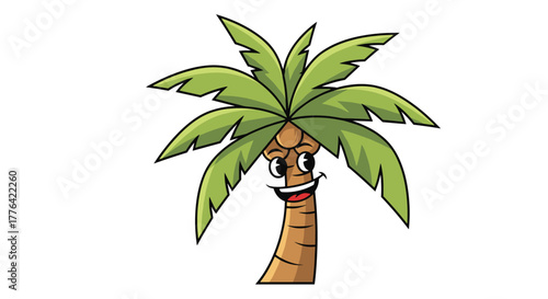 Cartoon palm tree with a friendly face and green leaves smiling widely.