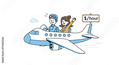 Cartoon pilot and passenger flying on an airplane with a dollar per hour sign.