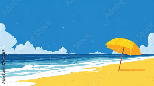 Vibrant Beach Scene with Yellow Umbrella Golden Sand and Blue Sky Cartoon Style Illustration of a Sunny Summer Day at the Ocean Coastline