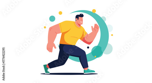 A cartoon man in a yellow shirt and blue pants running energetically with abstract circles and dots around him.