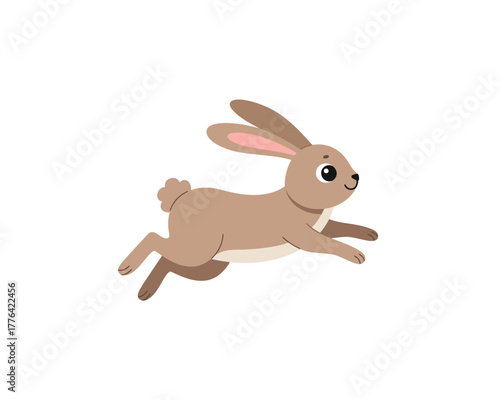 Cute cartoon brown rabbit or hare running fast with ears perked up and a happy expression on a white background