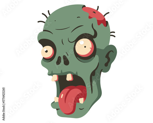 Grotesque cartoon zombie head with wide open mouth bulging eyes and decaying green skin perfect for halloween