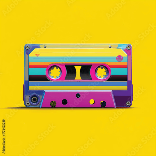 Vibrant Retro Cassette Tape on Yellow Background Nostalgic 80s and 90s Music Culture Vintage Audio Technology Bright Colorful Illustration