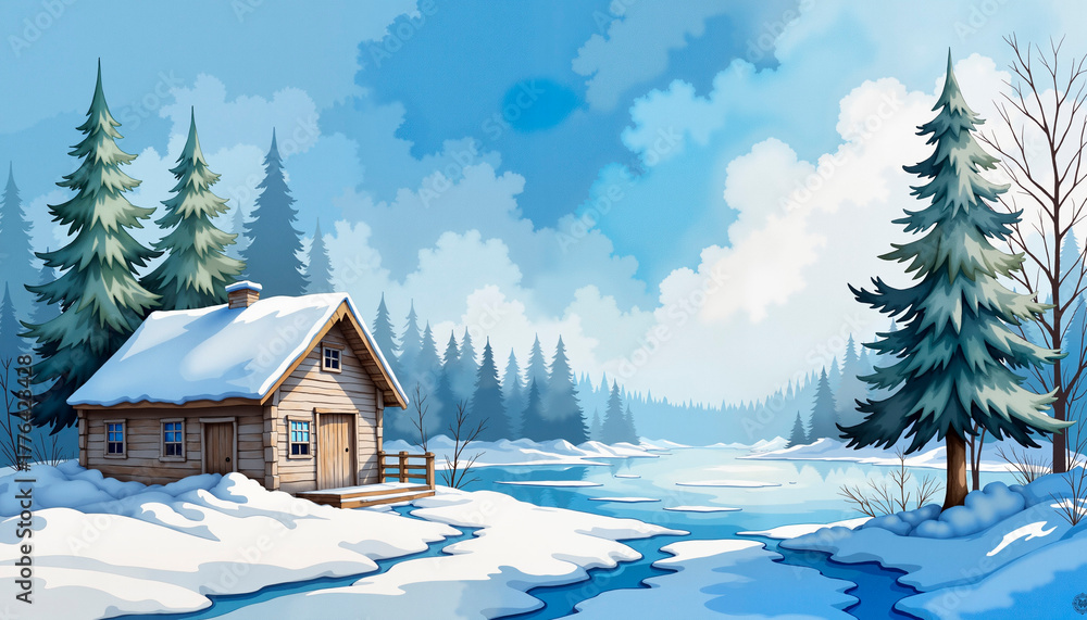 Naklejka premium Cozy wooden cabin in winter landscape with snow-covered trees