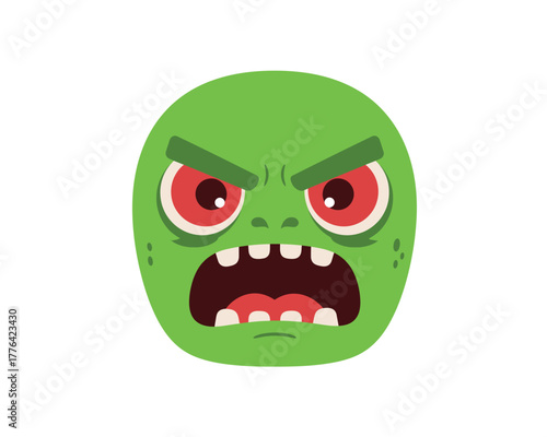 Furious green monster face with glowing red eyes and sharp teeth cartoon style expressing anger and aggression