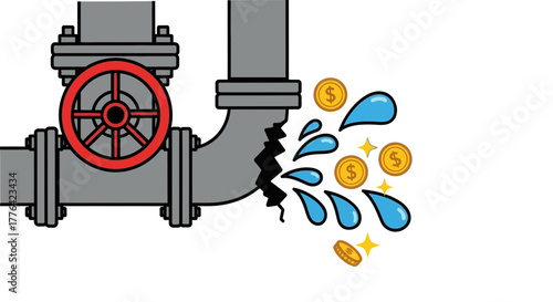 Leaking pipe losing money and water, symbolizing financial loss and wasted resources.