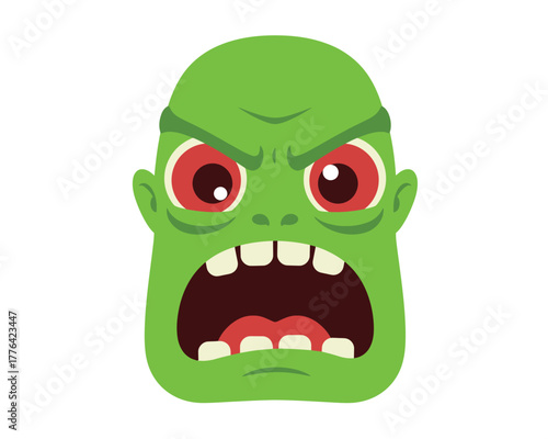 Furious green monster face with red eyes and wide open mouth showing teeth and tongue