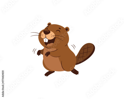 Joyful cartoon beaver with big teeth and a wide smile happily dancing and celebrating with excitement and glee