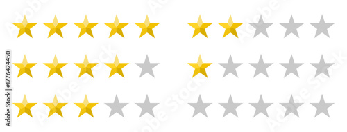 レビュー評価の星アイコンセット（5段階評価・カラーとグレー）ベクター素材