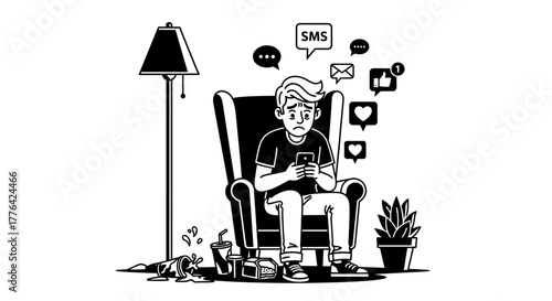 Young man looking stressed while scrolling through social media on his phone in a dimly lit room.