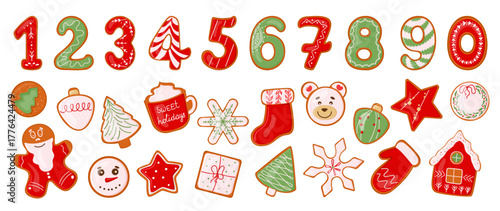 Vector set of Christmas gingerbread cookies and numbers decorated with icing Sweet homemade biscuit of hand painted ginger cake man, snowflakes, sock, star. Sweet festive design with aroma of holidays