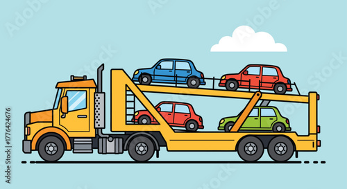 Car carrier truck transporting four colorful cars on a blue background with a white cloud above