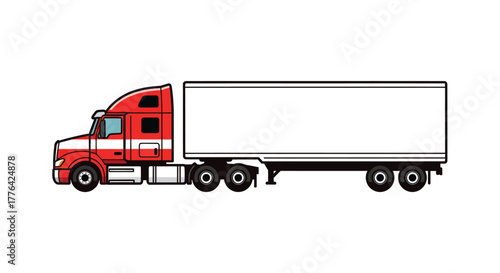 Red and white semi truck, a long haul vehicle for transporting goods