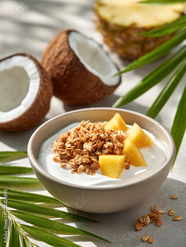 Yogurt bowl with granola and mango on tropical background  