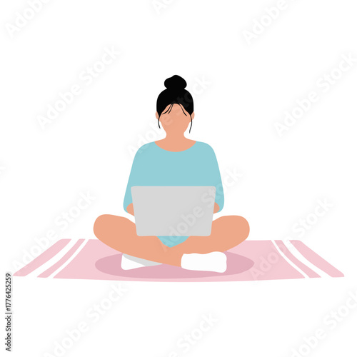 Woman Working on Laptop, Sitting Cross-Legged on Pink Rug - Illustration