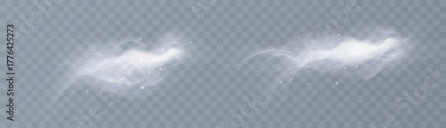 Semi-transparent white cloud-like smoke swirls on a transparent background, soft atmospheric haze for winter, weather, and magical compositions.
