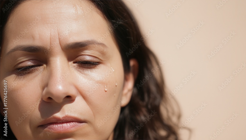 Obraz premium A middle-aged woman with sweat on her face experiencing a hot flash. Concept of menopause symptoms and hormonal changes. Copy space for text