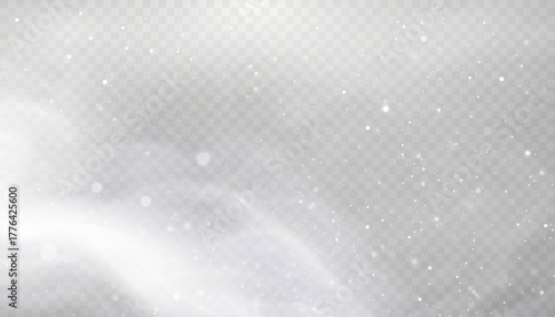 Winter snowstorm effect with snow, cold wind effect, soft fog and small snow particles on transparent background; winter Christmas design element.	
