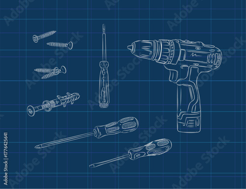 Construction tools set composition cordless drill, screwdriver, screw drawing in graphic style on blue background