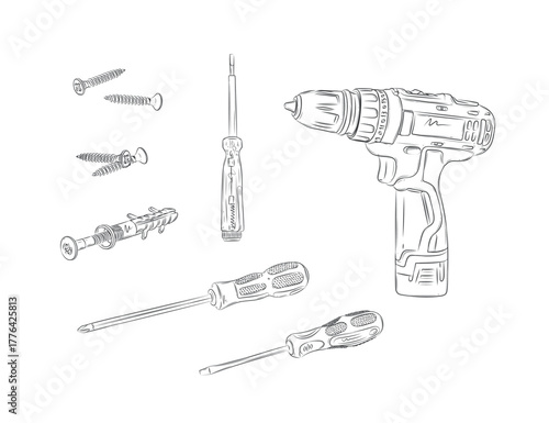 Construction tools set composition cordless drill, screwdriver, screw drawing in graphic style on white background