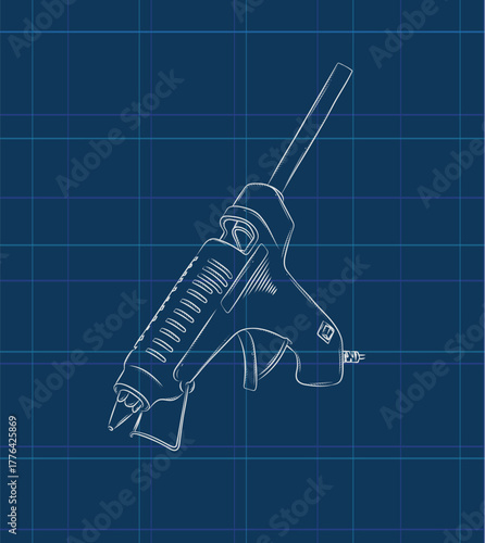 Glue gun illustration drawing in graphic style on blue background