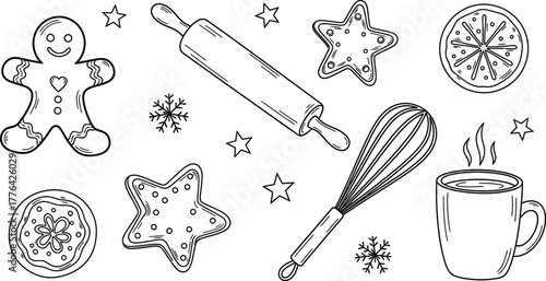  Doodle icons of holiday baking gingerbread man, cookies, rolling pin, whisk, and mug, festive line art.