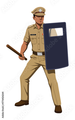 Illustration of a police officer in uniform holding a riot shield and baton, ready for action. Concept of law enforcement, security, protection, and public safety in vector style.