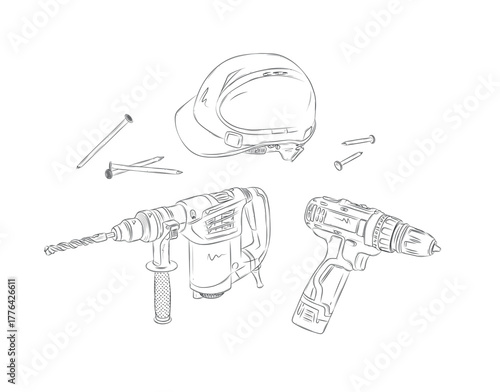 Powerful rotary hammer and regular drill set drawing in graphic style on white background