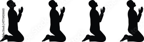 Silhouette of man kneeling and praying to God, symbol of faith, worship, meditation, belief, spirituality, religion, and hope illustration