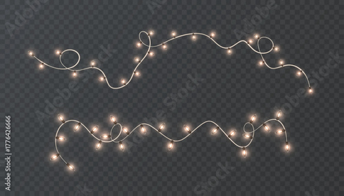Golden Christmas lights garland on a transparent background. For New Year's and holiday decorations.	
