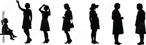 Silhouette of woman growing stages from child to senior, aging process, life journey, generation evolution, family and lifestyle concept illustration design