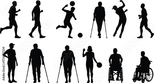Black silhouette of diverse individuals in sports and mobility poses, vector illustration for inclusion, activity, and adaptive movement concept