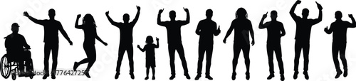 Silhouette group of diverse people jumping and celebrating, teamwork, inclusion, happiness, community unity, friendship and equality concept illustration design