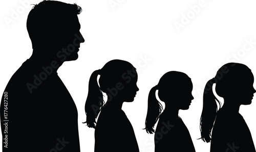 Black silhouette of adult and children in growth sequence, vector illustration for family, development, and generational concept