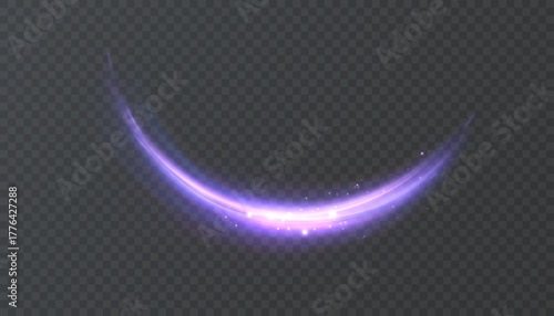Light vortex trail for gaming interfaces, magical scenes, and impact effects. Curved arc with purple glow and sparks for sci-fi and fantasy designs.