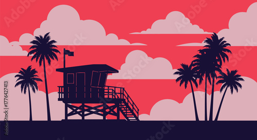 Beach lifeguard tower with palm trees and sunset vector illustration
