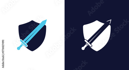 Shield and sword security icon - Vector icon symbol for website - Icon vector - Blue icon vector - Line and glyph solid icon and logo template